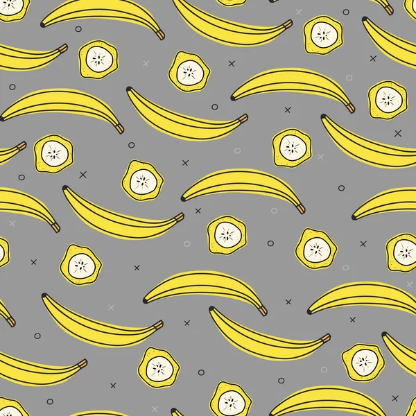 Бесшовный Банановый Узор Желтые Бананы Ломтик Сером Фоне — стоковый вектор