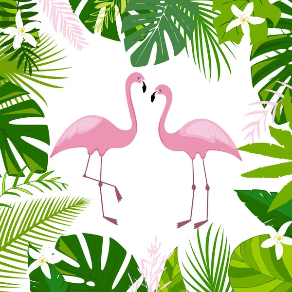 Růžoví Plameňáci Zelené Palmové Listy Složení Listů Džungle Bílé Květy — Stockový vektor