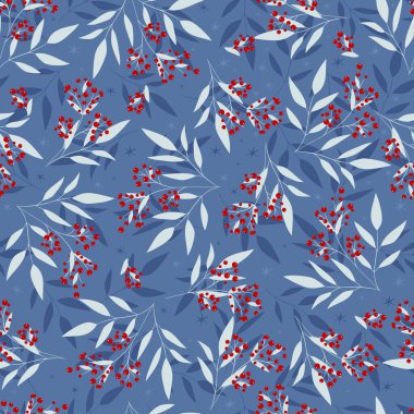 Kırmızı böğürtlenli ve yıldızlı Noel dalları. Kusursuz kış deseni.