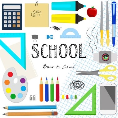 Okula geri dönüş mesajı ve farklı okul malzemeleri..