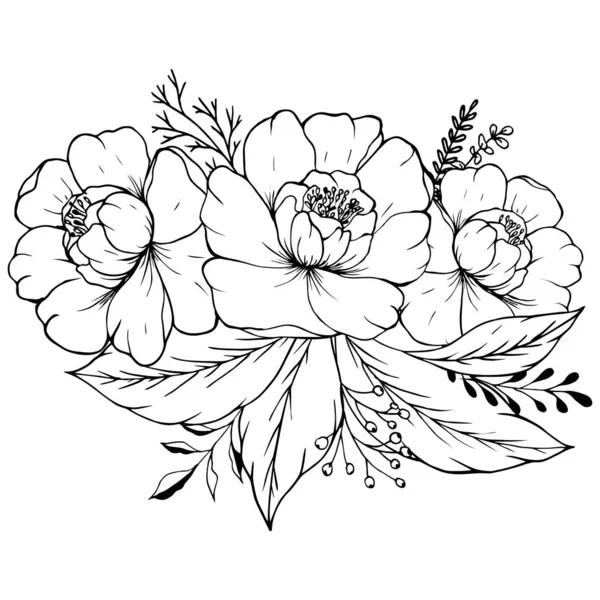 Півонія Троянда Листя Ягідний Ескіз Рука Намальована Квіткове Весілля Запрошення — стоковий вектор