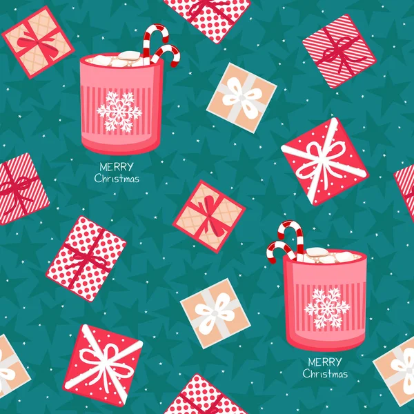 コーヒーカップ ギフトや星と冬のパターン 季節の織物 スクラップブック グリーティングカード 包装紙のためのデザイン — ストックベクタ