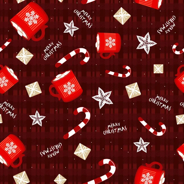 マシュマロ ギフト ポインセチアでカップドリンク付きのシームレスなクリスマス カバー カード テキスタイルや新年のためのインテリアデザインのためのベクトルイラスト — ストックベクタ