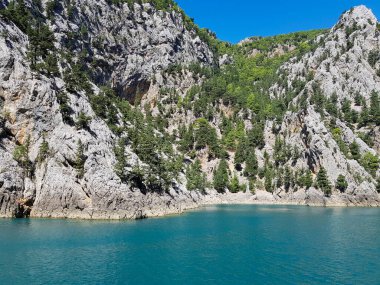 Güneşli, bulutsuz bir günde, dağların arka planına karşı deniz manzarası.