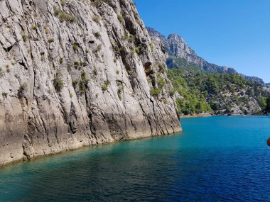 Güneşli, bulutsuz bir günde, dağların arka planına karşı deniz manzarası.