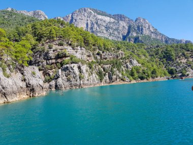Güneşli, bulutsuz bir günde, dağların arka planına karşı deniz manzarası.