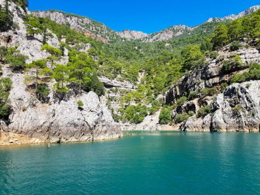 Güneşli, bulutsuz bir günde, dağların arka planına karşı deniz manzarası.