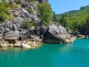 Güneşli, bulutsuz bir günde, dağların arka planına karşı deniz manzarası.