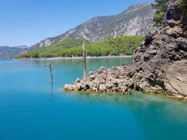 Güneşli, bulutsuz bir günde, dağların arka planına karşı deniz manzarası.