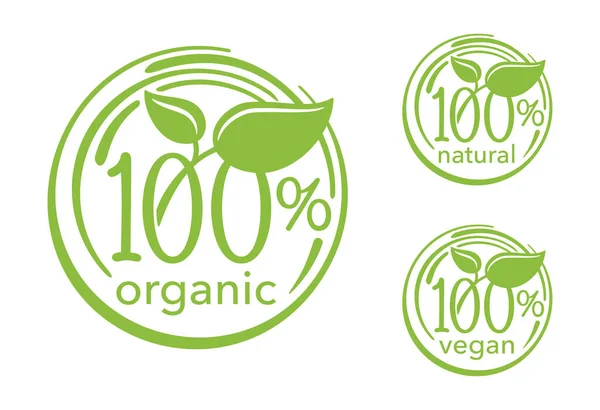 100% sinais - natural, orgânico, conjunto vegan — Vetor de Stock