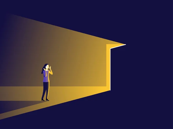 Frau öffnet Tür mit hellem Licht im Inneren — Stockvektor