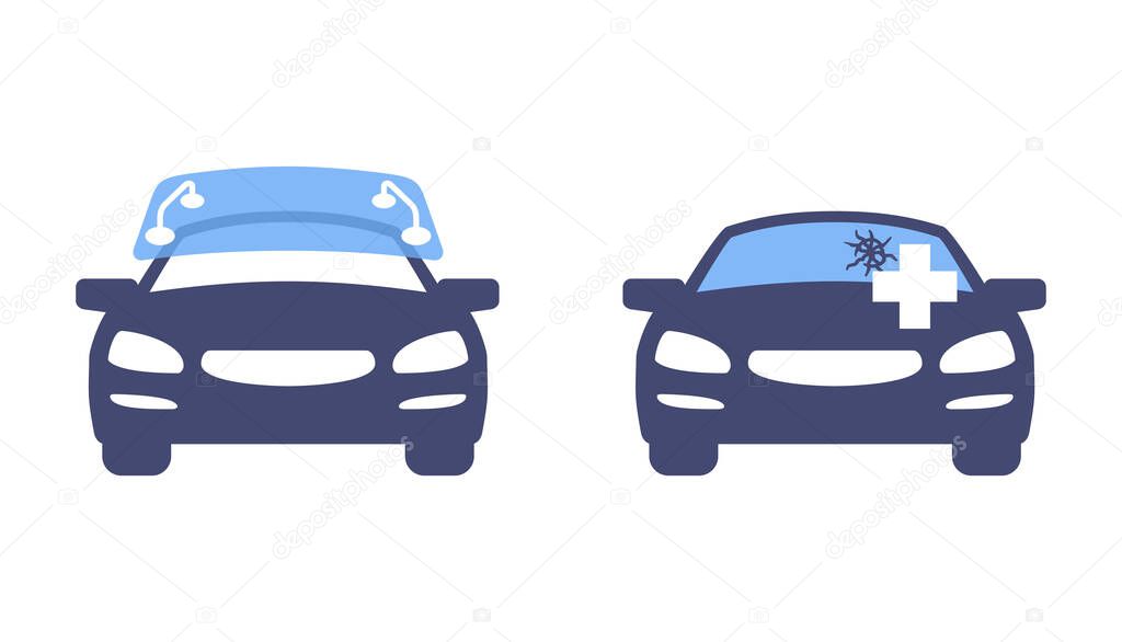 Windscreen replacement and fixing icons for car service - car in front view with replacing of windshield