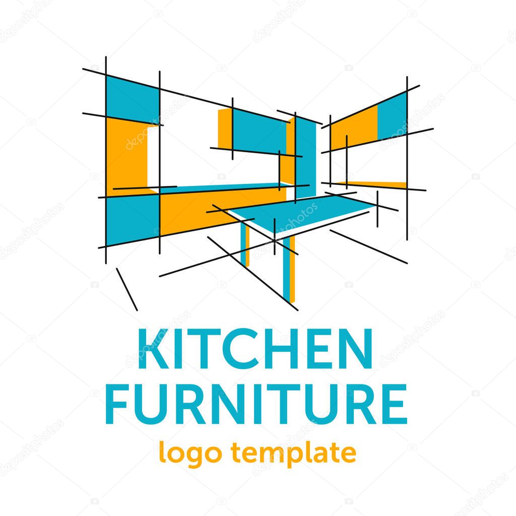 Custom kitchen cabinet wooden furniture logo template - creative perspective fasade form of cooking worktop - isolated vector emblem. Vector illustration