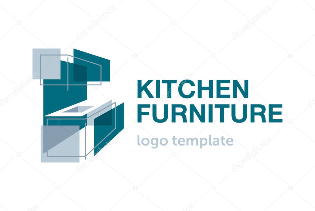 Custom furniture kitchen wooden cabinet logo template - creative perspective fasade form of cooking worktop - isolated vector emblem. Vector illustration