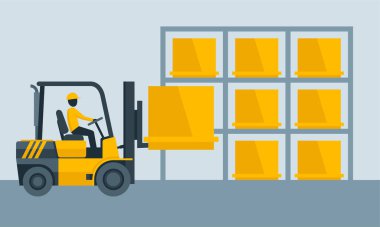 Forklift deposu çalışıyor ve raf yığını çalışıyor.
