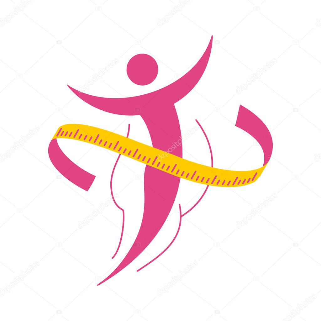 Losing weight icon - diet, fitness or liposaction logo - fat woman body in dashed line and slim figure in main color with weasuring tape - conceptual vector illustration