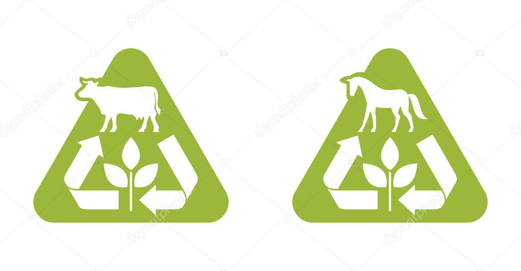 Manure icon - Cow and Horse manure fertilzers triangular stamp - emblem with renewable recycling arrows and animal silhouette - natural organic agriculture component emblem