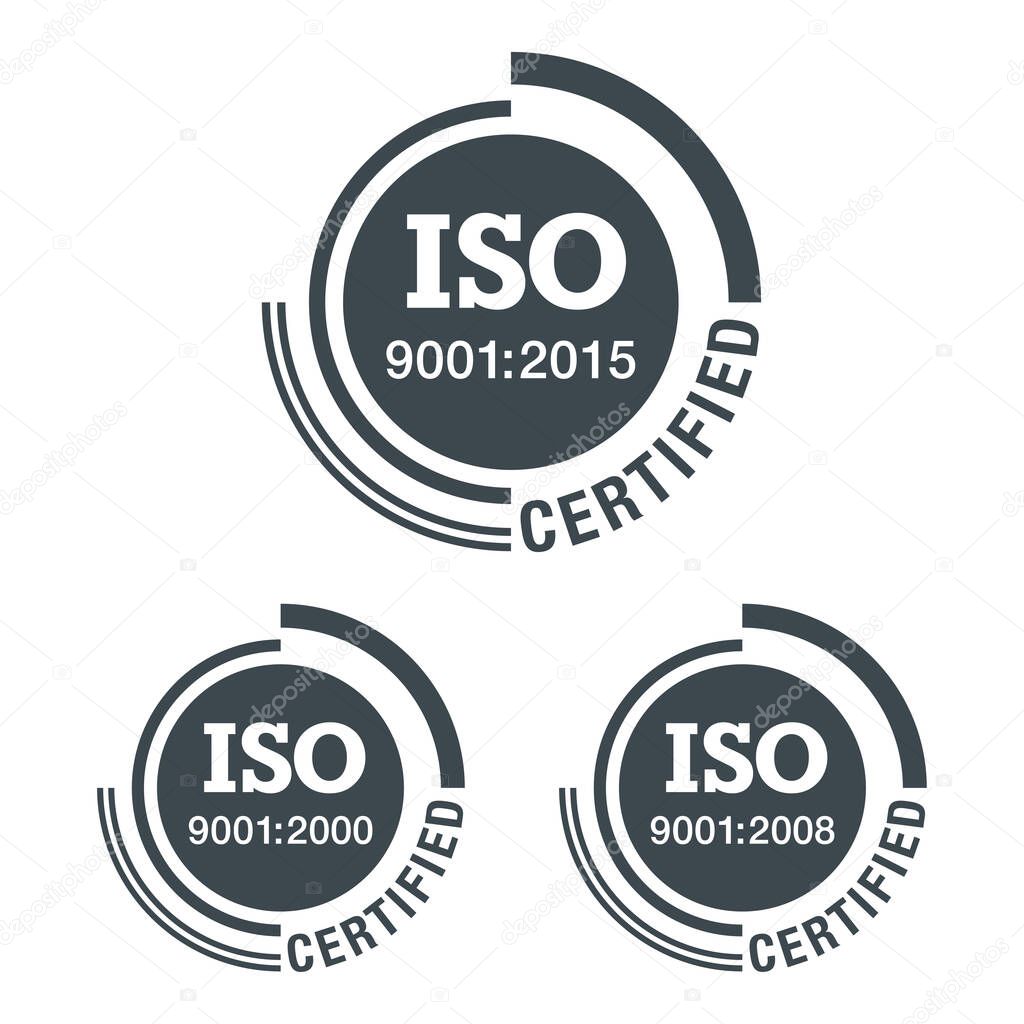 ISO 9001 conformity to standards icon 2000, 2008 and 2015 years of standardization - flat black pictogram with international quality management system guarantee emblem - isolated vector