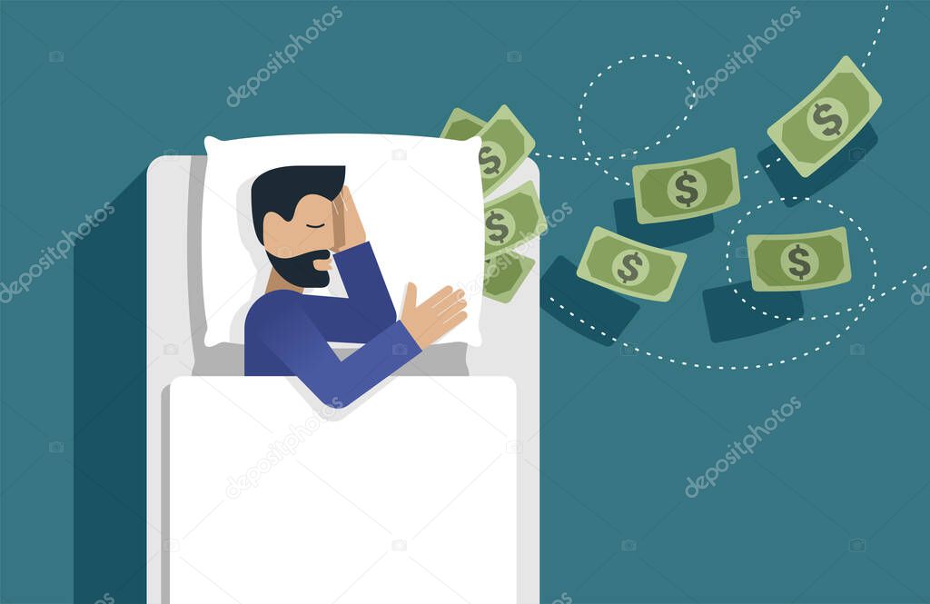 Businessman sleeping in bed. Money under a pillow