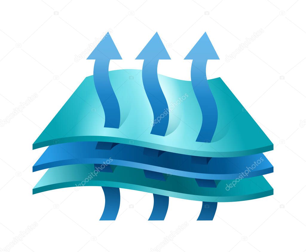 Breathable membrane textile 3D pictogram - arrows which symbolizing airflow passing through fabric material surface - isolated vector monochrome emblem