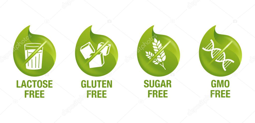 Lactose, Gluten, GMO, Sugar free 3D pictograms