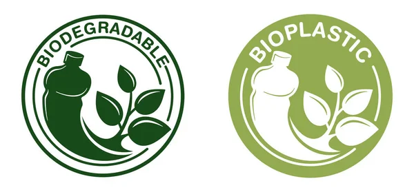 Emblema biodegradável - garrafa se transforma em ramo de planta — Vetor de Stock
