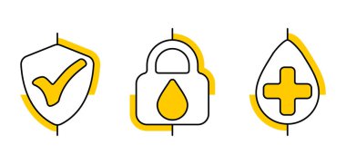 Properties of hand cream or other personal care products in thin line. Moisturizing, protection, antibacterial, healing - icons set in thin lines and yellow background