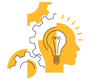 E-learning, studying or other method of brain development concept - abstract symmetrical pattern with head, gearbox and lightbulb