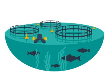 Aquaculture - controlled cultivation of aquatic organisms such as fish, crustaceans, mollusks and other under controlled or seminatural conditions. Decorative vector diagram