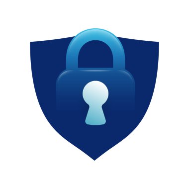 Lock blue icon in 3D glossy style - security systems, protection or antivirus service pictogram in shield shape