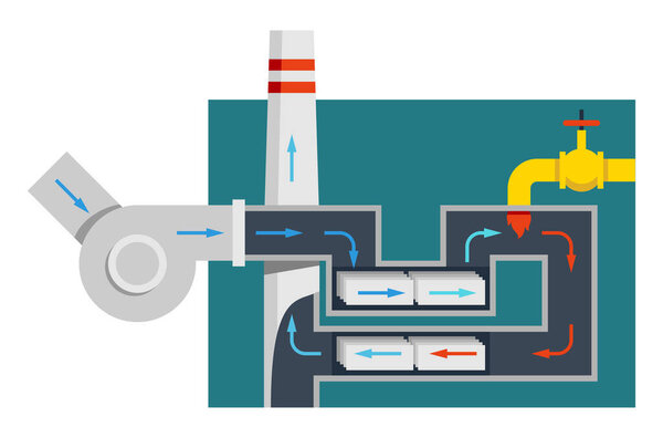 Catalytic Oxidizer - pollution control, machine to treat low VOC process streams. Vector scheme for visual aids