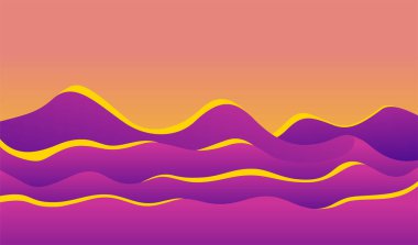 Canlı, dalgalı bir dağ manzarası. Pembe arka planda mor ve sarı bir sıvı. Gökyüzünün renkleri gün batımında morumsu ve mor renklerle