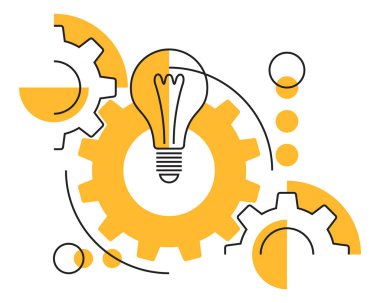 Ampul, yenilik, yaratıcılık konsepti. Elektrik lambası ve vitesler ince çizgi ve sarı arkaplan