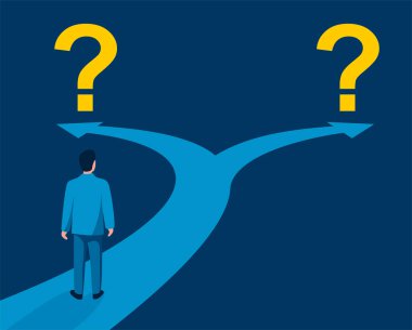 Doğru karar seçimi yol ayrımı, soru işaretleri ve iş adamı, önemli seçimden önce. İş konsepti veya siyasi oylama için vektör illüstrasyonu