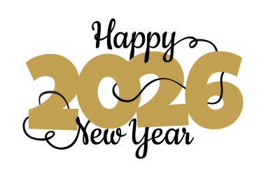 Siyah yazılı altın rakamlar 2026 beyaz arka planda mutlu yıllar, temiz kontrast ve rafine modern