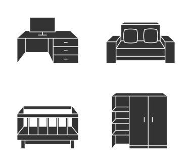 Farklı mobilya simgeleri seti. Koltuk, ofis masası, raflı gardırop, bebek beşiği. Düz monokrom biçiminde piktogramlar