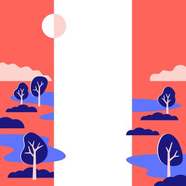 Broşür, rapor veya sunum için, sayfanın sol ve sağ kenarlarına yerleştirme veya kaydırma için dekorasyon. Ağaçlar, dağlar ve sulak alanlarla basit geometrik tarzda soyut bir manzara.