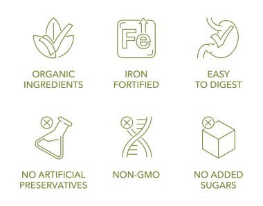 Ana özelliklere sahip bebek maması simgeleri - hazmetmesi kolay, demir takviyeli, organik malzemeler, ilave şeker yok, GDO yok ve yapay koruyucular yok. İnce ayrık çizgide etiketlemek için piktogramlar
