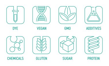 Etiketleme ve ürün bileşimi için gerekli ikonlar seti, kullanılabilir veya kullanılabilir değil. Vegan, GDO, protein, glüten ve diğer bileşenler. İnce çizgi halinde kare resimtogramlar