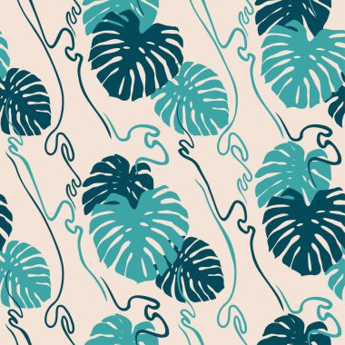 Kusursuz desen - bej renkli arka planda tropikal canavar yaprakları ve lianalar - vektör kapağı çizimi