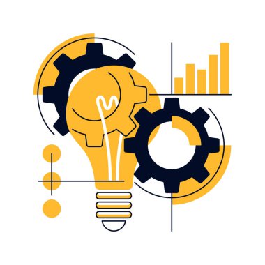 Ampul, yenilik, yaratıcılık konsepti. Soyut elektrik lambası ve vitesler ince çizgi ve sarı arkaplan