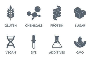 Yiyecek etiketleme için ikon koleksiyonu. Ürün bileşimindeki ana bileşenler ve besinlerin kullanılabilirliği veya bulunamaması. Düz monokrom resim koleksiyonu