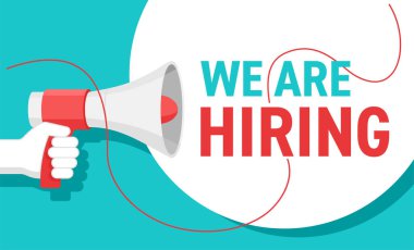 Pankart şablonu kiralıyoruz - hoparlör ve mesaj balonu - sembol oh HR, işe alma, birlikte çalışma