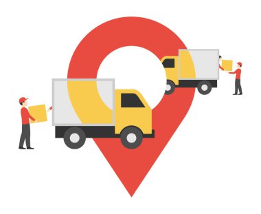 Ekspres dağıtım servisi simgesi veya logo şablonu - yükleyiciler, kargo kamyonları ve büyük konum broşu