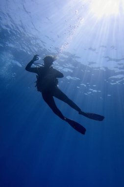Suyun altında hayat veren güneş ışığı. Suyun altında parlayan güneş ışınları ve mavi suda dalgıç kadın silueti. 