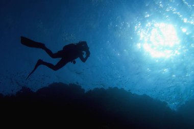 Suyun altında hayat veren güneş ışığı. Suyun altında parlayan güneş ışınları ve mavi suda dalgıç silueti 