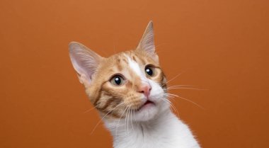 Turuncu beyaz kedi şaşırmış ya da şaşırmış bir yüz ifadesi sergiliyor. Stüdyo çekimi turuncu arka planda.