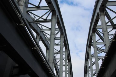 Aşağıdan iki demiryolu köprüsünün kemerli açıklıklarına bak.