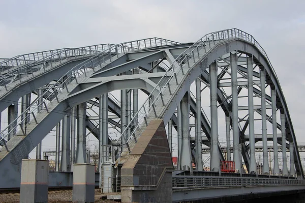 View from the railroad bed to the arched spans of the group of railroad bridges, large format. (\