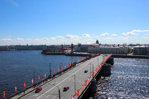 Petersburg Russia May 2021 Aerial View Exchange Bridge Vasilyevsky Inscriptions — Stock Photo, Image